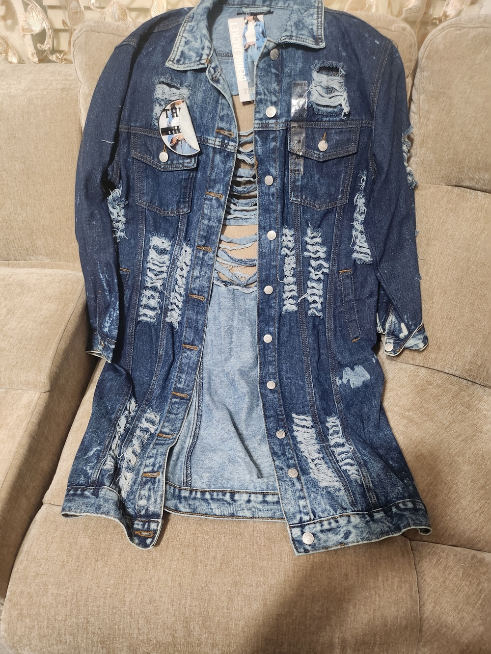 Distressed Long Denim Jacket - Dark Blue